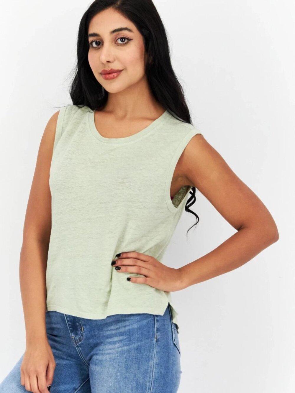 FRAME Swingy Linen Muscle Tank 100% Organic Sleeveless Top Sage Green XS